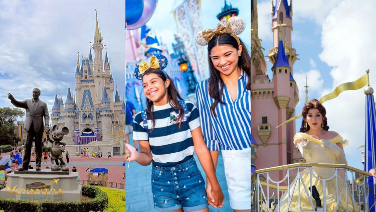 Family enjoying Disney's Magic Kingdom in Orlando, Florida, featuring Cinderella Castle and Disney characters.