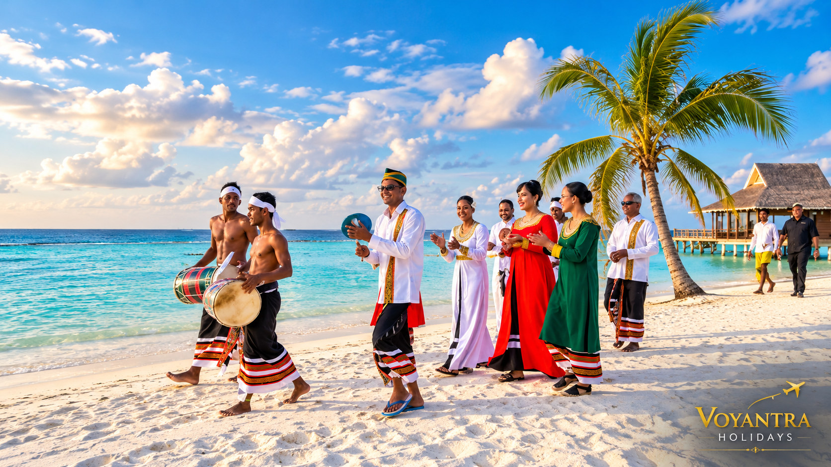 Maldivian performers in traditional dress playing drums and dancing on a tropical beach.