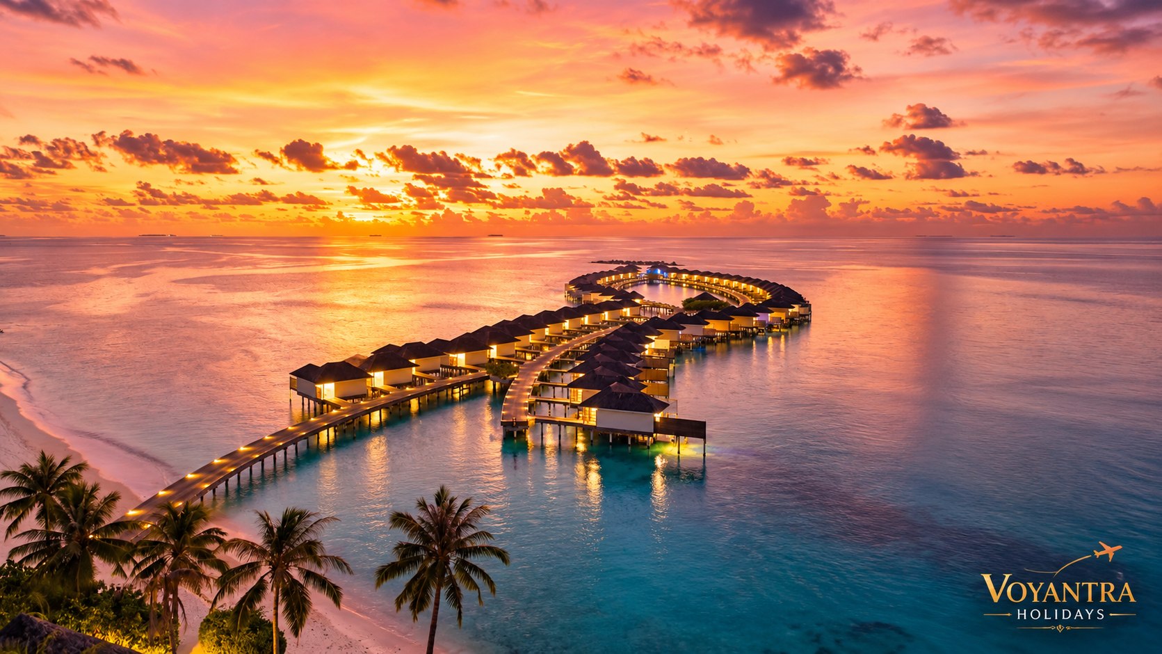 Overwater villas illuminated at sunset above the Indian Ocean in the Maldives.